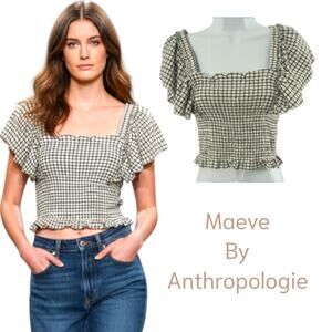Maeve Anthropologie Smocked Crop Top Women's Size XS Black White Gingham Check